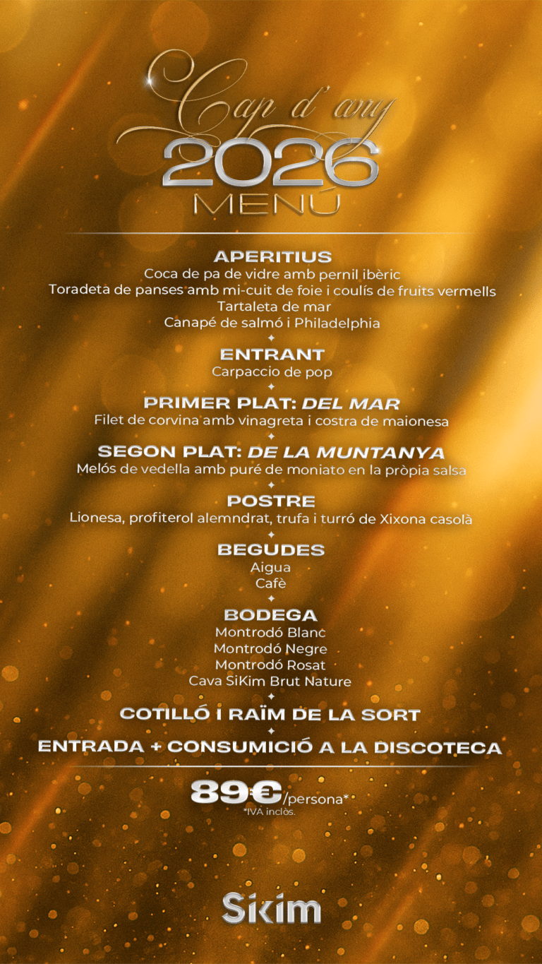 Menú de Cap d’Any 2026 al restaurant-discoteca Sikim Empuriabrava amb còctel, menú, cotilló i festa per 89 €